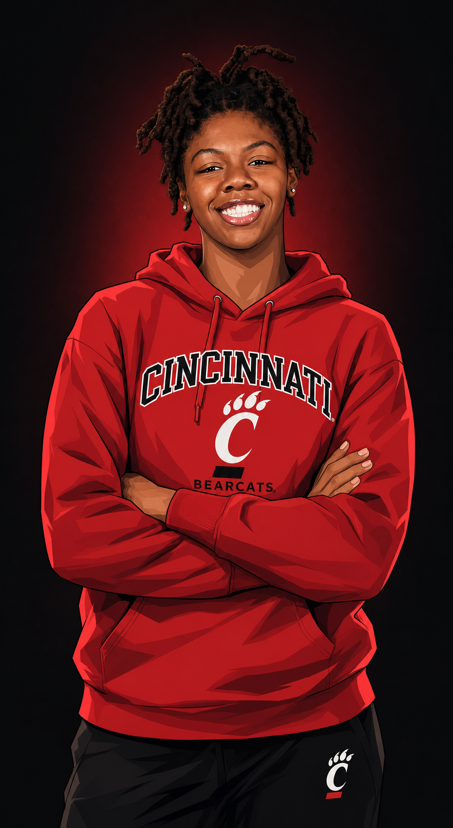 Naomi Benson in Cincinnati Bearcats red hoodie, confident brand pose