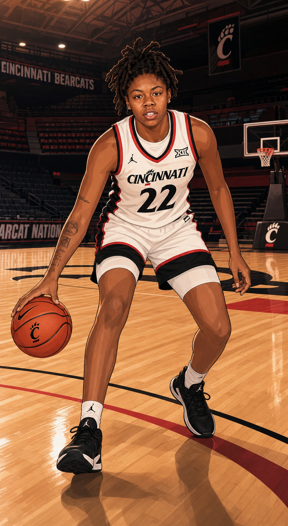 Naomi Benson #22 dribbling on an empty Cincinnati court